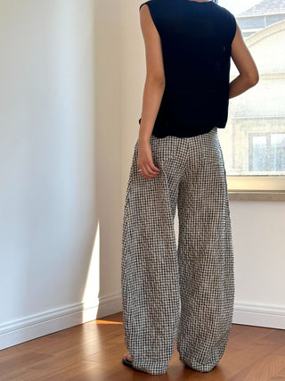 Curved Linen Pants-B/W