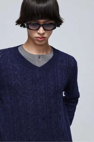 Simple Project Hollow Sweater-Navy