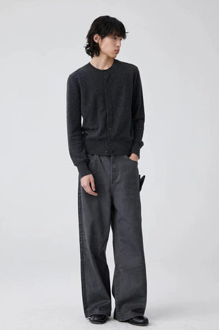 Simple Project Crew Neck Wool Cardigan-Charcoal