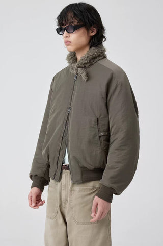 Simple Project Shawl Collar Bomber Jacket-Olive