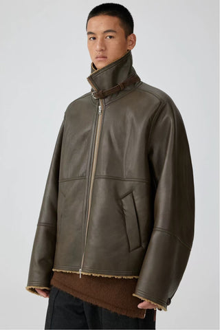 Simple Project Leather Shearling Jacket-Brown