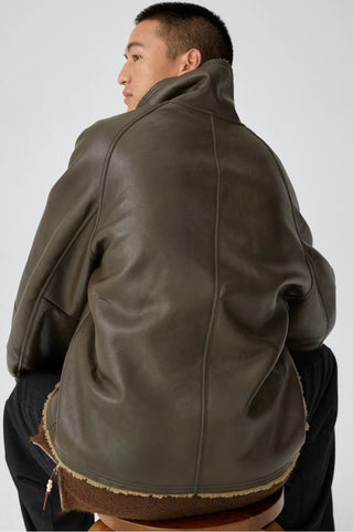 Simple Project Leather Shearling Jacket-Brown