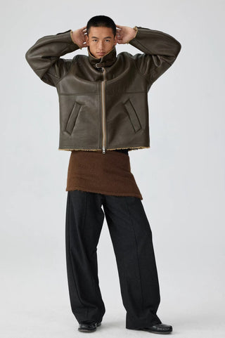 Simple Project Leather Shearling Jacket-Brown