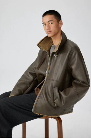 Simple Project Leather Shearling Jacket-Brown