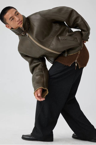 Simple Project Leather Shearling Jacket-Brown