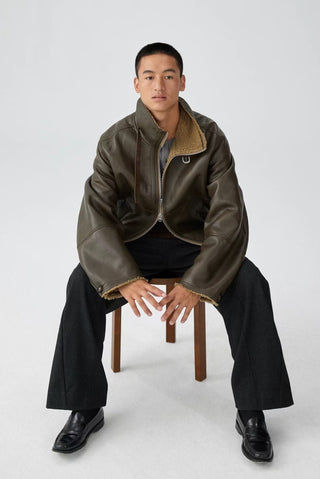 Simple Project Leather Shearling Jacket-Brown