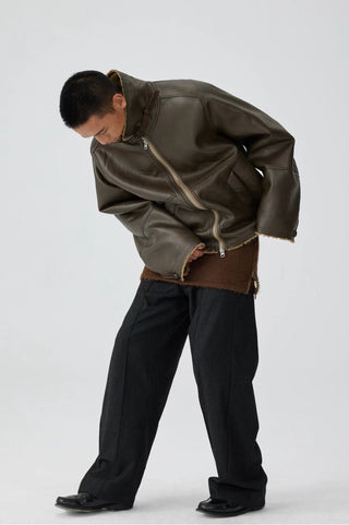 Simple Project Leather Shearling Jacket-Brown