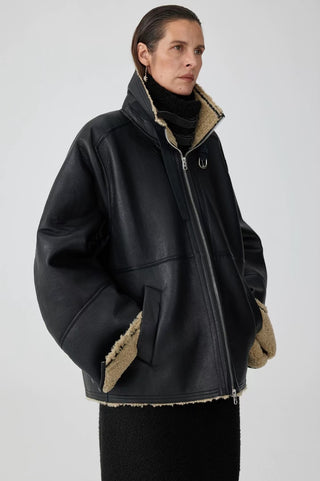 Simple Project Leather Shearling Jacket-Black