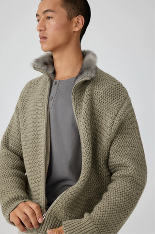 Simple Project Fur Collar Zipper Cardigan-Khaki