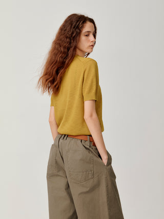 OPICLOTH Slub Knit T-Shirt-Mustard