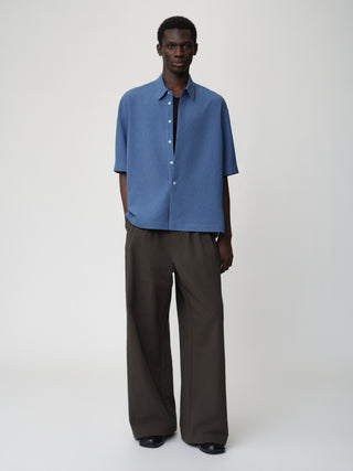 OPICLOTH Linen Texture Relaxed Shirt-Denim Blue