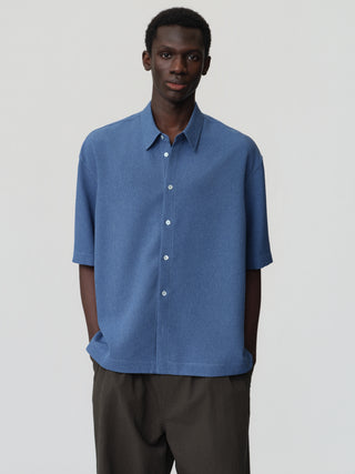 OPICLOTH Linen Texture Relaxed Shirt-Denim Blue