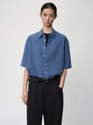 OPICLOTH Linen Texture Relaxed Shirt-Denim Blue
