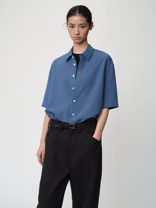 OPICLOTH Linen Texture Relaxed Shirt-Denim Blue