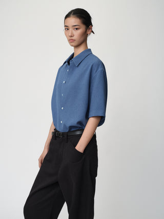 OPICLOTH Linen Texture Relaxed Shirt-Denim Blue