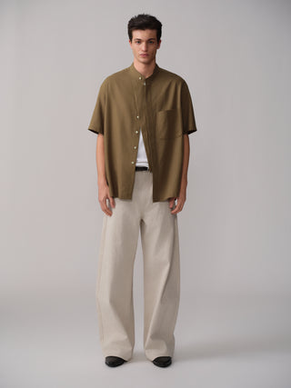 OPICLOTH Relaxed Band Collar Shirt-Olive