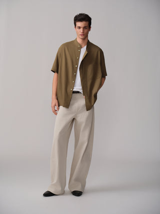 OPICLOTH Relaxed Band Collar Shirt-Olive