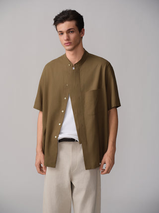 OPICLOTH Relaxed Band Collar Shirt-Olive