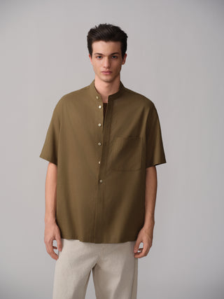 OPICLOTH Relaxed Band Collar Shirt-Olive