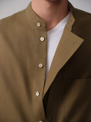 OPICLOTH Relaxed Band Collar Shirt-Olive