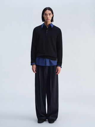 Waffle Knit Henley Top-Black