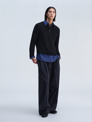 Waffle Knit Henley Top-Black