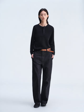 Waffle Knit Henley Top-Black