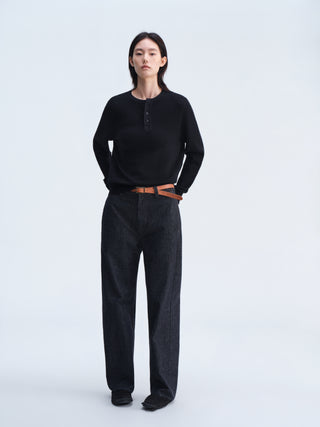 Waffle Knit Henley Top-Black