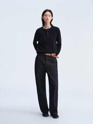 Waffle Knit Henley Top-Black