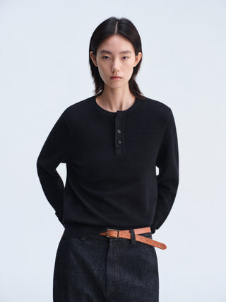 Waffle Knit Henley Top-Black