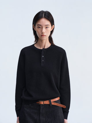 Waffle Knit Henley Top-Black