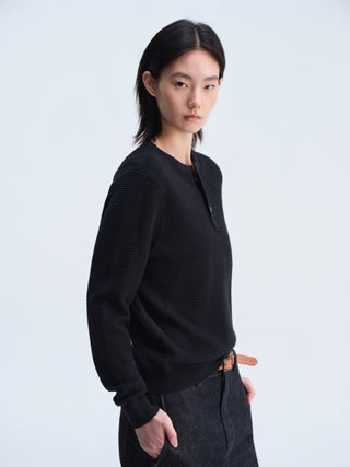 Waffle Knit Henley Top-Black