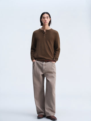 OPICLOTH Waffle Knit Henley Top-Amber Brown