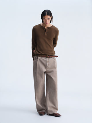 OPICLOTH Waffle Knit Henley Top-Amber Brown