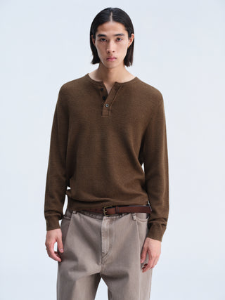 OPICLOTH Waffle Knit Henley Top-Amber Brown