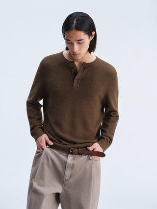 OPICLOTH Waffle Knit Henley Top-Amber Brown