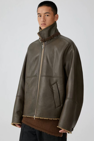 Simple Project Leather Shearling Jacket-Brown