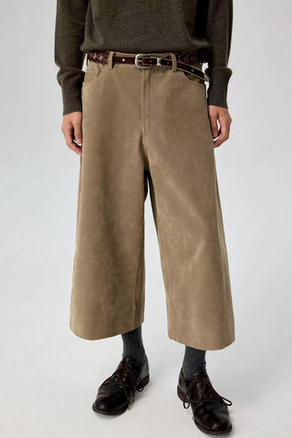 Simple Project Suede Cropped Pants-Khaki