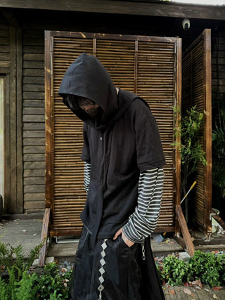 Relabel Hooded Henley Collar T-Shirt-Black