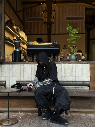 Relabel Hooded Henley Collar T-Shirt-Black