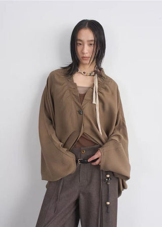BALIANG Relaxed Linen Cocoon Blouse-Brown