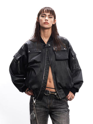 black leather bomber jacket, front side