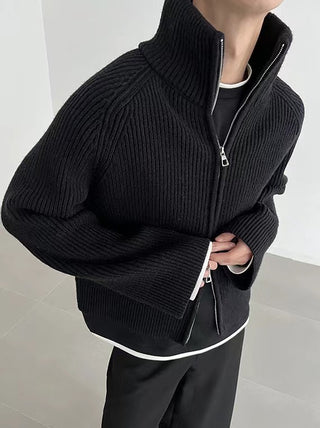 Double Zipper Knit Cardigan-Black