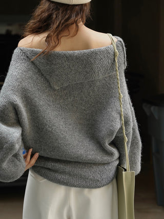 Off Shoulder Woolen Knit Jumper-Grey