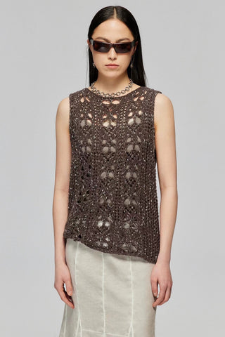 Simple Project Hollow Knit Vest-Brown