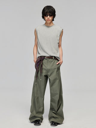 Simple Project Cotton Split Wide Trousers-Olive