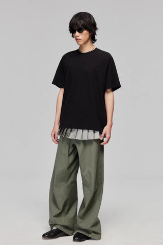 Simple Project Cotton Split Wide Trousers-Olive
