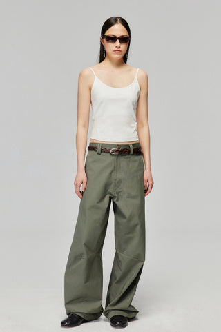 Simple Project Cotton Split Wide Trousers-Olive