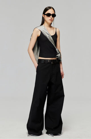 Simple Project Cotton Split Wide Trousers-Black