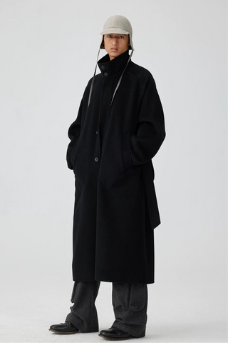 Simple Project High Neck Wool Coat-Black